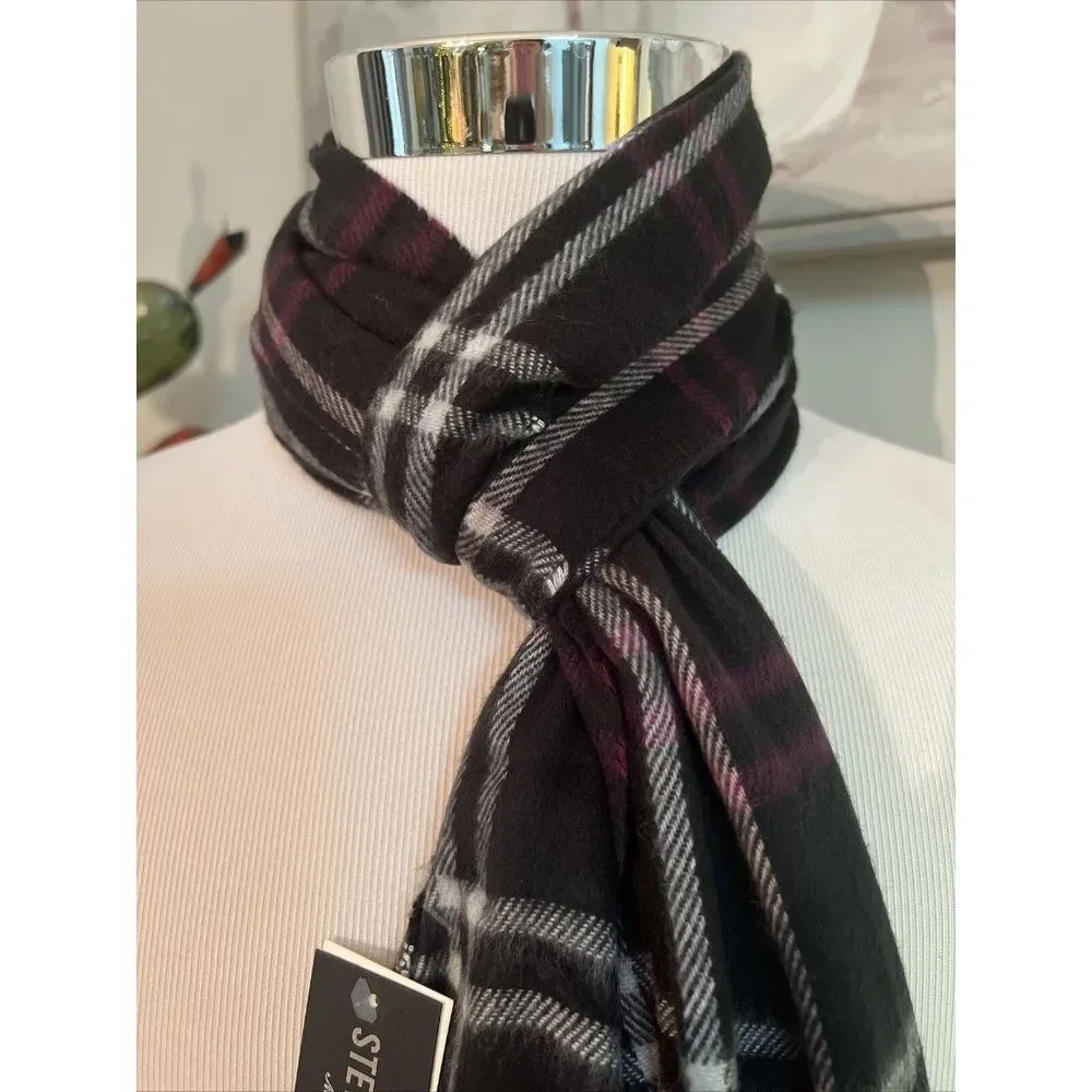 NWT Steve Madden Mid Weight Purple Black White Plaid Muffler Scarf - Picture 3 of 3